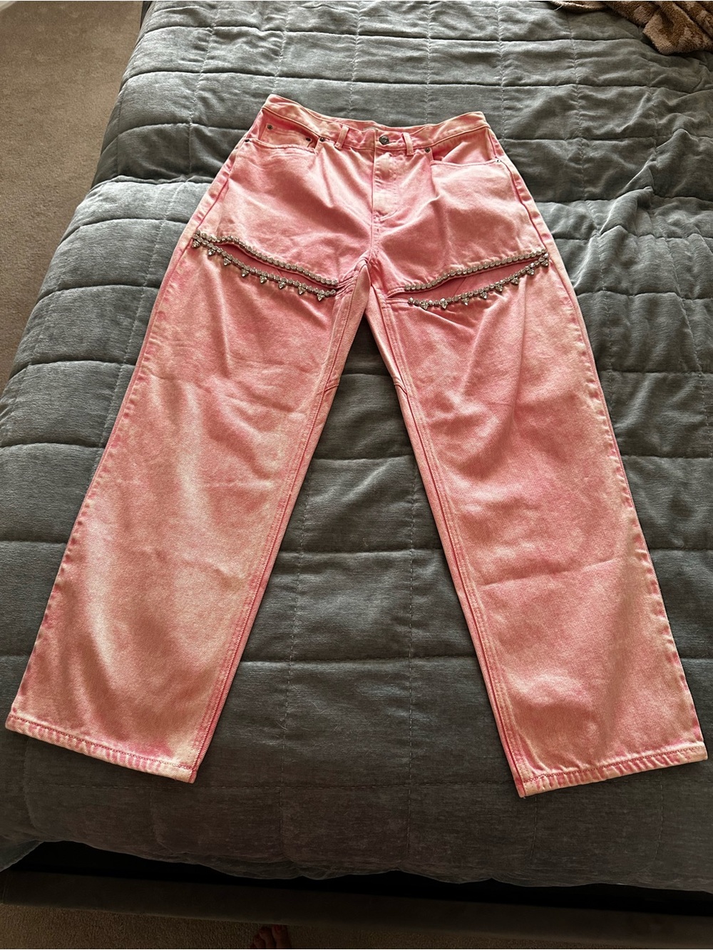 NWT AREA crystal slit jean in powder pink